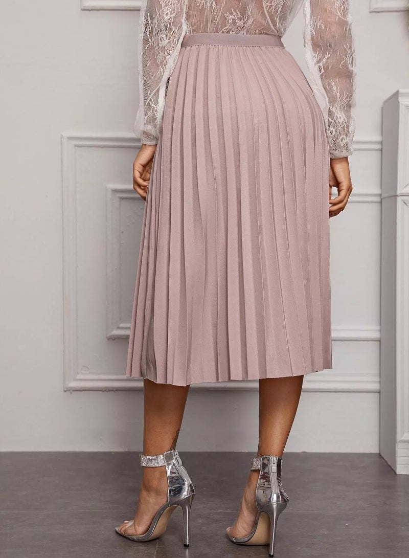 Solid Elastic Waist Pleated Skirt  - Image 2