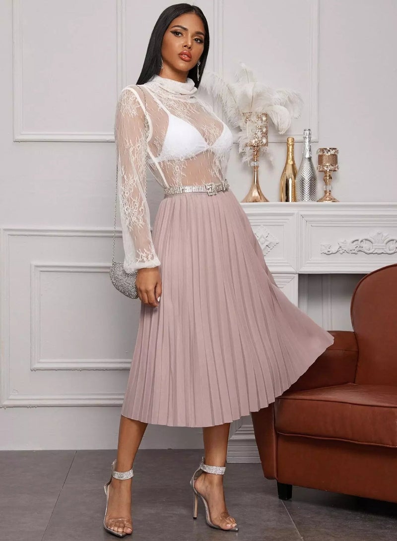 Solid Elastic Waist Pleated Skirt  - Image 3