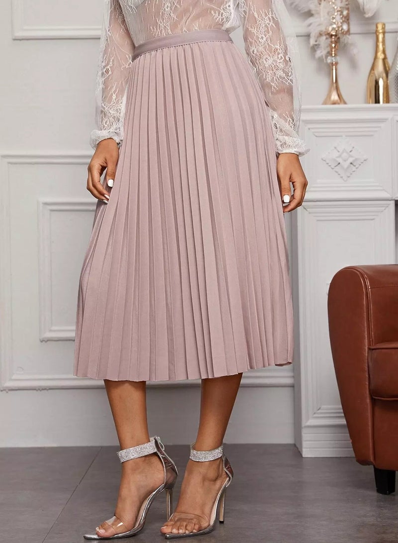 Solid Elastic Waist Pleated Skirt  - Image 5
