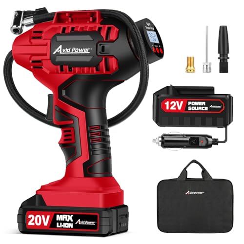AVID POWER Tire Inflator Portable Air Compressor 20V Cordless Car Tire Pump Rechargeable Battery Powered Air Compressor w12V DC Adapter Digital Pressure Gauge - Image 1