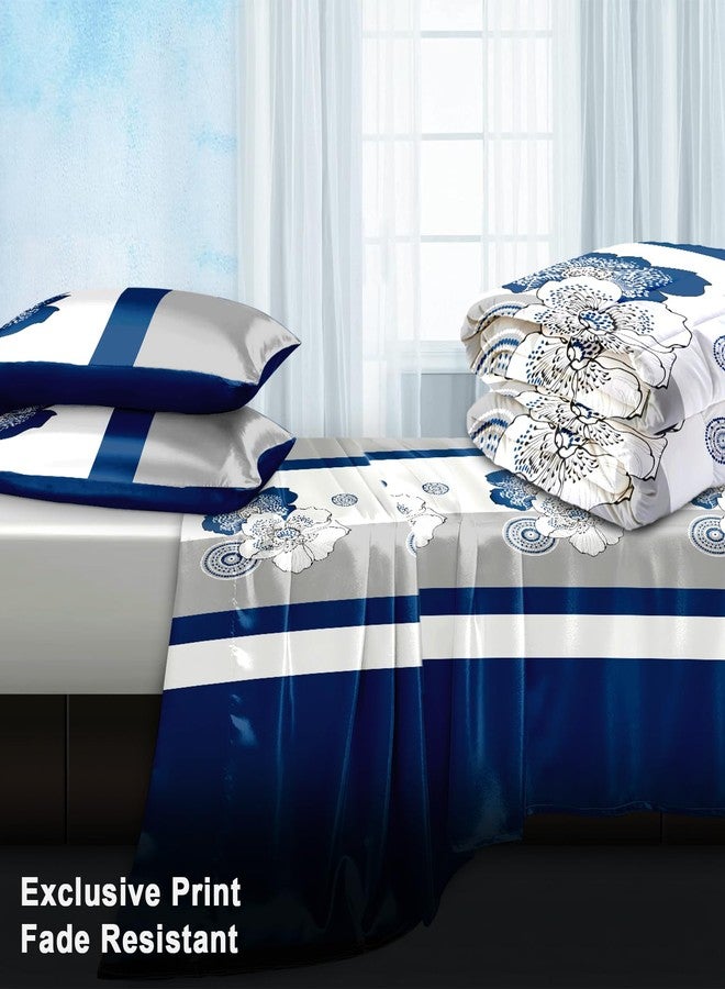 Reylox 4 Pcs Queen Bedding Comforter Set, 1 *Comforter, 2 *Pillowcases, 1 *Flat Sheet, Navy & White Floral Print, Easy Care Microfiber, Boho, Bedroom | Comforters Queen Size Set - Image 4