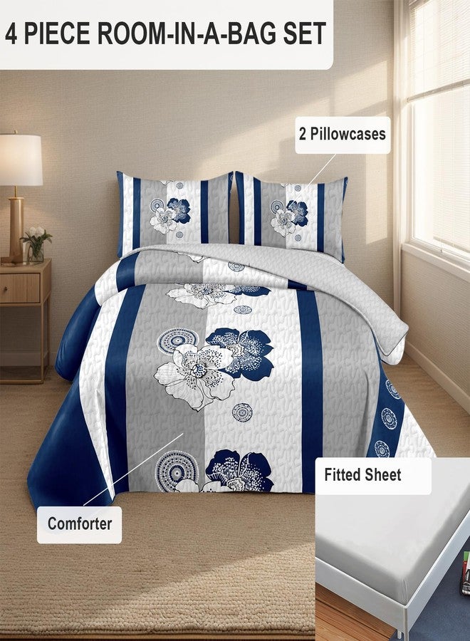 Reylox 4 Pcs Queen Bedding Comforter Set, 1 *Comforter, 2 *Pillowcases, 1 *Flat Sheet, Navy & White Floral Print, Easy Care Microfiber, Boho, Bedroom | Comforters Queen Size Set - Image 2