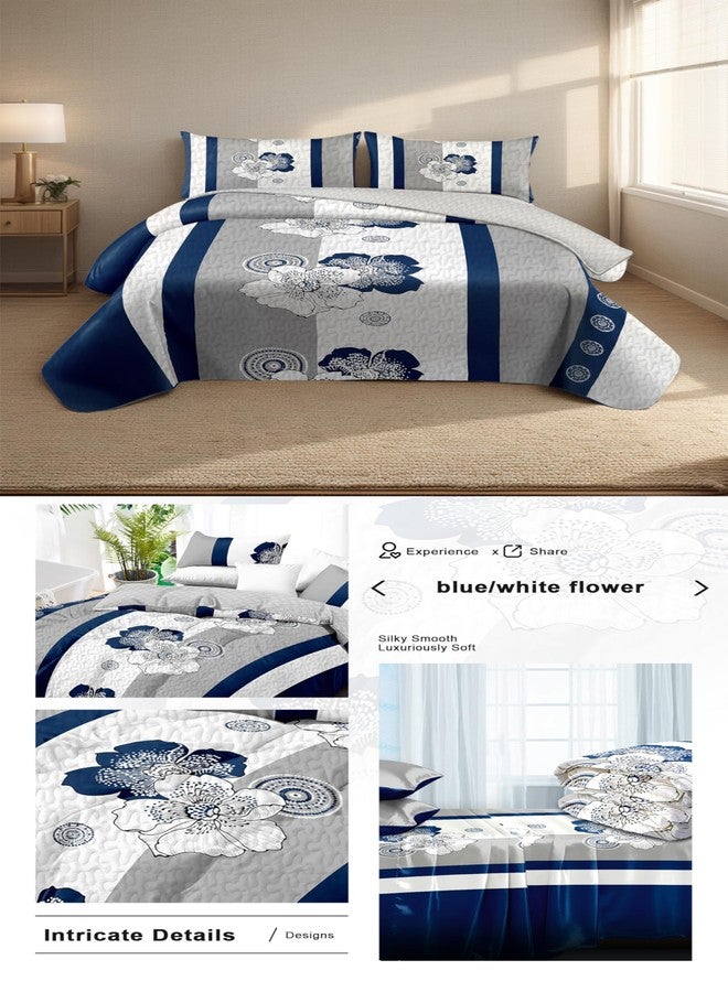 Reylox 4 Pcs Queen Bedding Comforter Set, 1 *Comforter, 2 *Pillowcases, 1 *Flat Sheet, Navy & White Floral Print, Easy Care Microfiber, Boho, Bedroom | Comforters Queen Size Set - Image 5