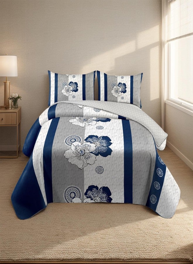 Reylox 4 Pcs Queen Bedding Comforter Set, 1 *Comforter, 2 *Pillowcases, 1 *Flat Sheet, Navy & White Floral Print, Easy Care Microfiber, Boho, Bedroom | Comforters Queen Size Set - Image 1