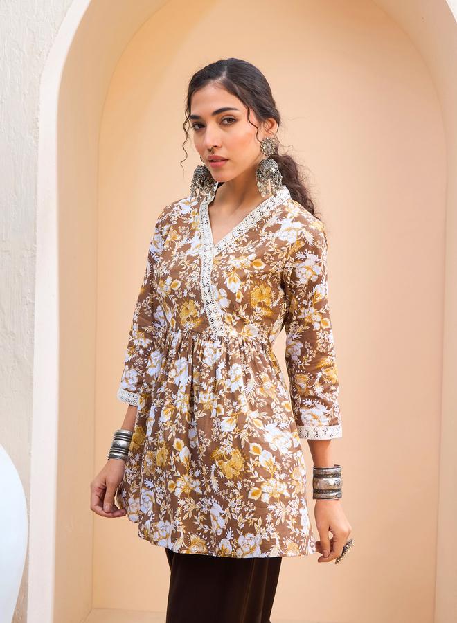 SASSAFRAS Brown Floral Cambric Wrap Peplum Kurti - Image 3