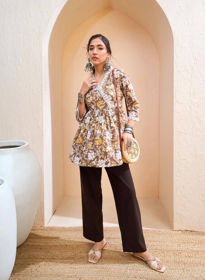 SASSAFRAS Brown Floral Cambric Wrap Peplum Kurti - Image 2