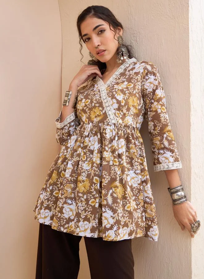 SASSAFRAS  SASSAFRAS Brown Floral Cambric Wrap Peplum Kurti for Women | Best Price UAE