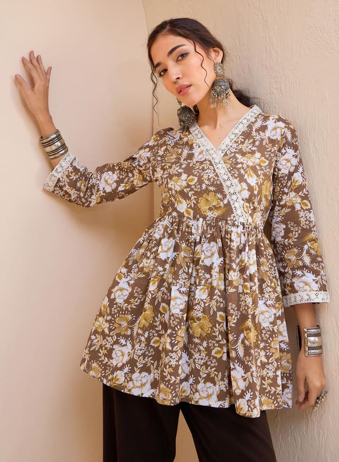 SASSAFRAS Brown Floral Cambric Wrap Peplum Kurti - Image 1