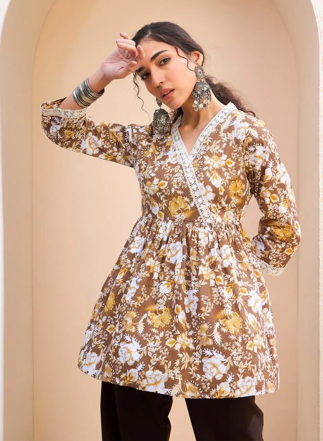 SASSAFRAS  SASSAFRAS Brown Floral Cambric Wrap Peplum Kurti for Women | Best Price UAE