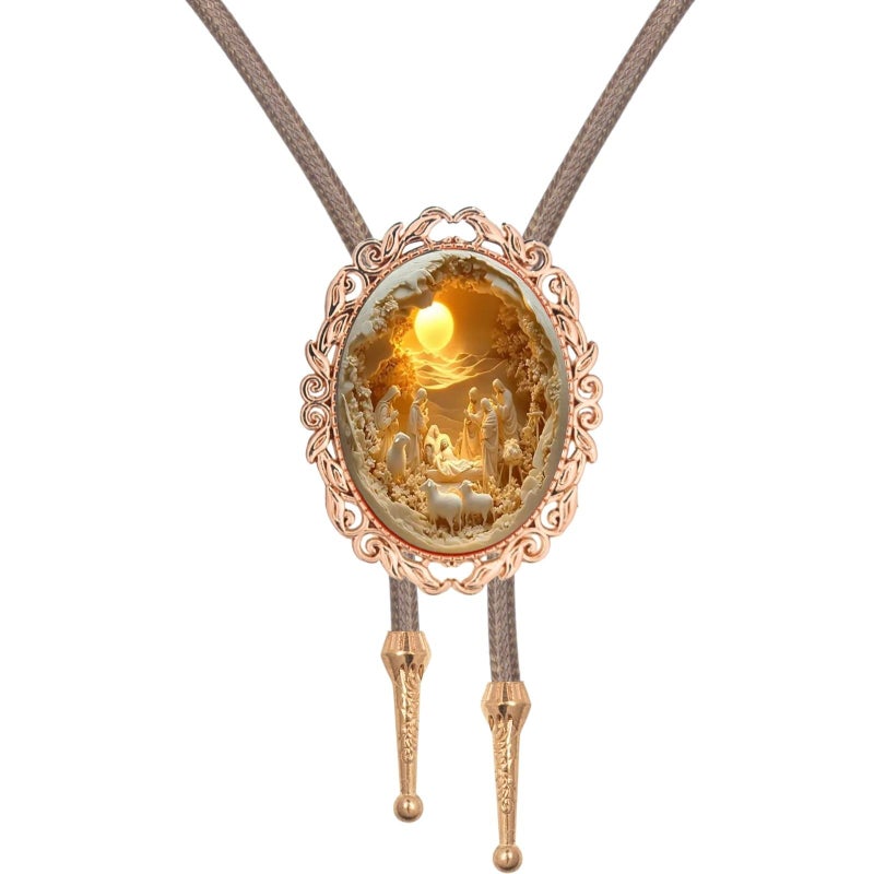 PEARLY JUN Bolo Tie for Women Men Flower Rose Western Cowboy Brown Leather Country Style String Vest Gifts (Gold - Saintly Baptism) - Image 1