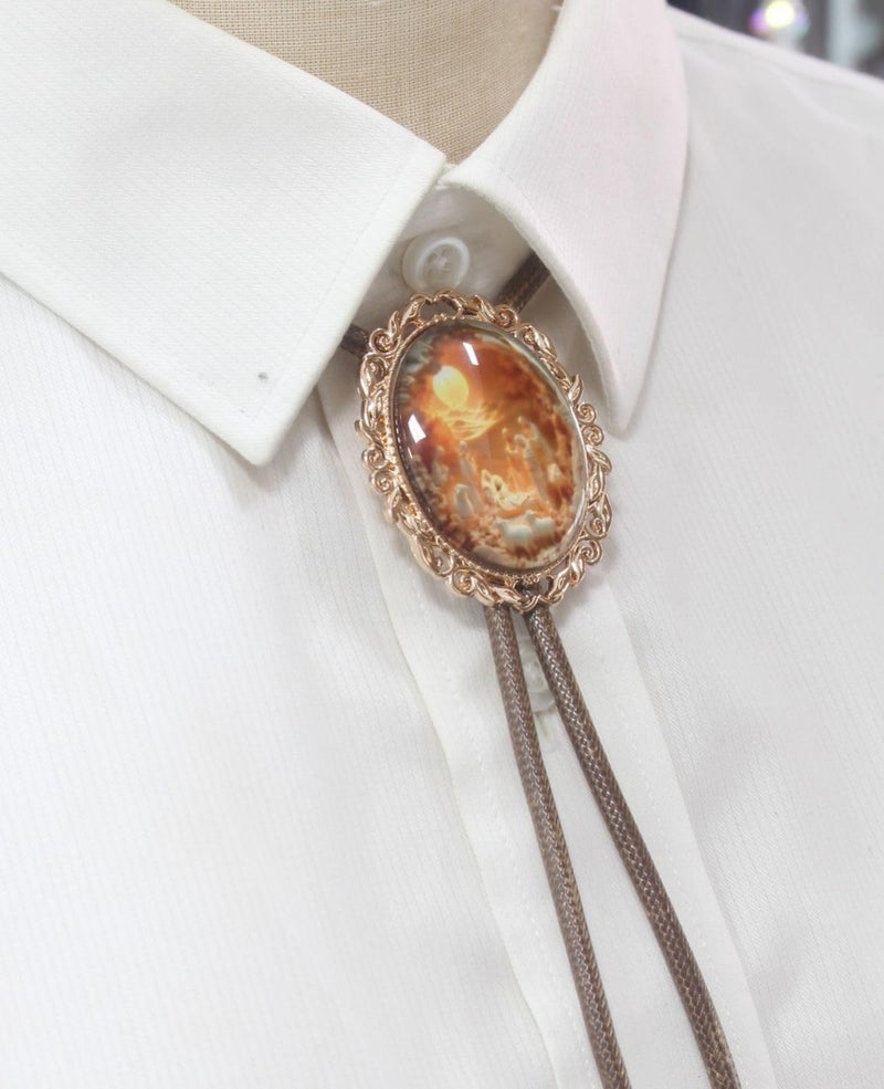 PEARLY JUN Bolo Tie for Women Men Flower Rose Western Cowboy Brown Leather Country Style String Vest Gifts (Gold - Saintly Baptism) - Image 2