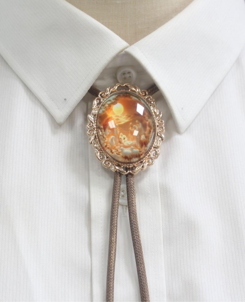 PEARLY JUN Bolo Tie for Women Men Flower Rose Western Cowboy Brown Leather Country Style String Vest Gifts (Gold - Saintly Baptism) - Image 5