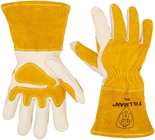 Tillman John Tillman and Co Tillman Large 14" Gold and Pearl Top Grain Split Back Cowhide Fleece Lined MIG Welders Gloves with 4" Cuff and Kevlar Thread Locking Stitch (Carded), White/Tan (TIL50L) - Image 1