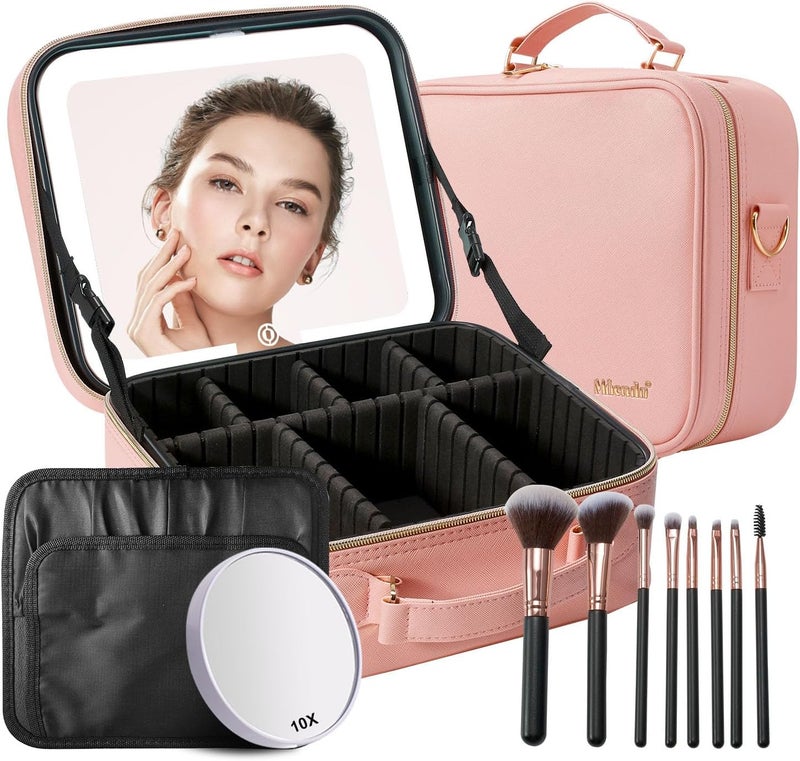 Mocado Travel Makeup Bag with LED Lighted Mirror,Travel Makeup Organizer,Makeup Case with 8 Makeup Brushes and 10x Magnifying Mirror,3 Colors Lighting, Adjustable Dividers Makeup Box(Pink) - Image 1