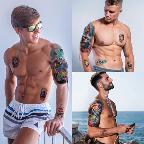 atydkug 77 Sheets Temporary Tattoo for Women and Men, 17 Sheets Half Arm Shark Dolphin Jellyfish Turtle Fish Fake Tattoos, 60 Sheets Beach Ocean Tiny for Adults Kids Body Tattoos Stickers Waterproof Realistic - Image 5