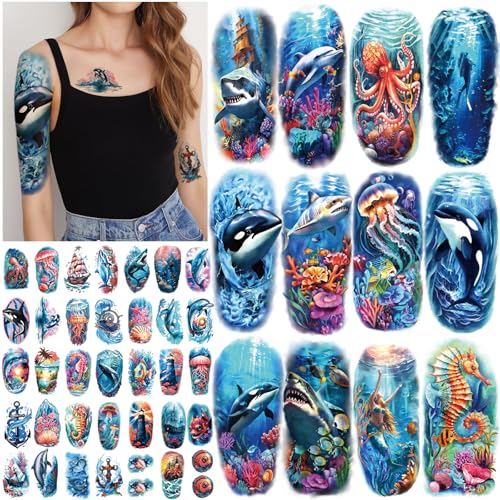atydkug 77 Sheets Temporary Tattoo for Women and Men, 17 Sheets Half Arm Shark Dolphin Jellyfish Turtle Fish Fake Tattoos, 60 Sheets Beach Ocean Tiny for Adults Kids Body Tattoos Stickers Waterproof Realistic - Image 1