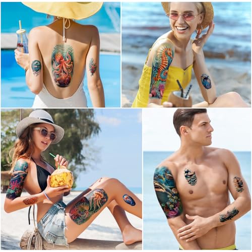 atydkug 77 Sheets Temporary Tattoo for Women and Men, 17 Sheets Half Arm Shark Dolphin Jellyfish Turtle Fish Fake Tattoos, 60 Sheets Beach Ocean Tiny for Adults Kids Body Tattoos Stickers Waterproof Realistic - Image 4