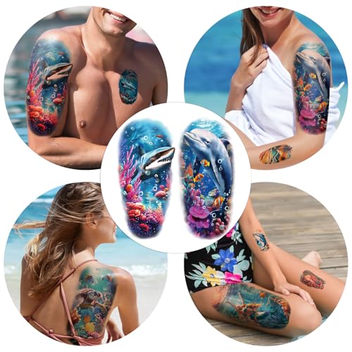 atydkug 77 Sheets Temporary Tattoo for Women and Men, 17 Sheets Half Arm Shark Dolphin Jellyfish Turtle Fish Fake Tattoos, 60 Sheets Beach Ocean Tiny for Adults Kids Body Tattoos Stickers Waterproof Realistic - Image 3