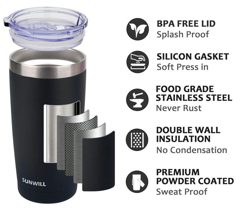 SUNWILL 20oz Tumbler with Lid, Stainless Steel Vacuum Insulated Double Wall Travel Tumbler, Durable Insulated Coffee Mug, Powder Coated Black, Thermal Cup with Splash Proof Sliding Lid - Image 2