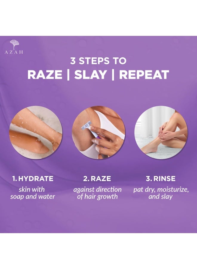 عزة شفرات حلاقة الجسم للاستخدام مرة واحدة من أزاه للنساء [عبوة من 3 شفرات] | جهاز إزالة الشعر للذراعين والإبطين والساقين ومنطقة البكيني | شفرة حلاقة سريعة وغير مؤلمة بمقبض مطاطي و3 شفرات دقيقة - Image 3