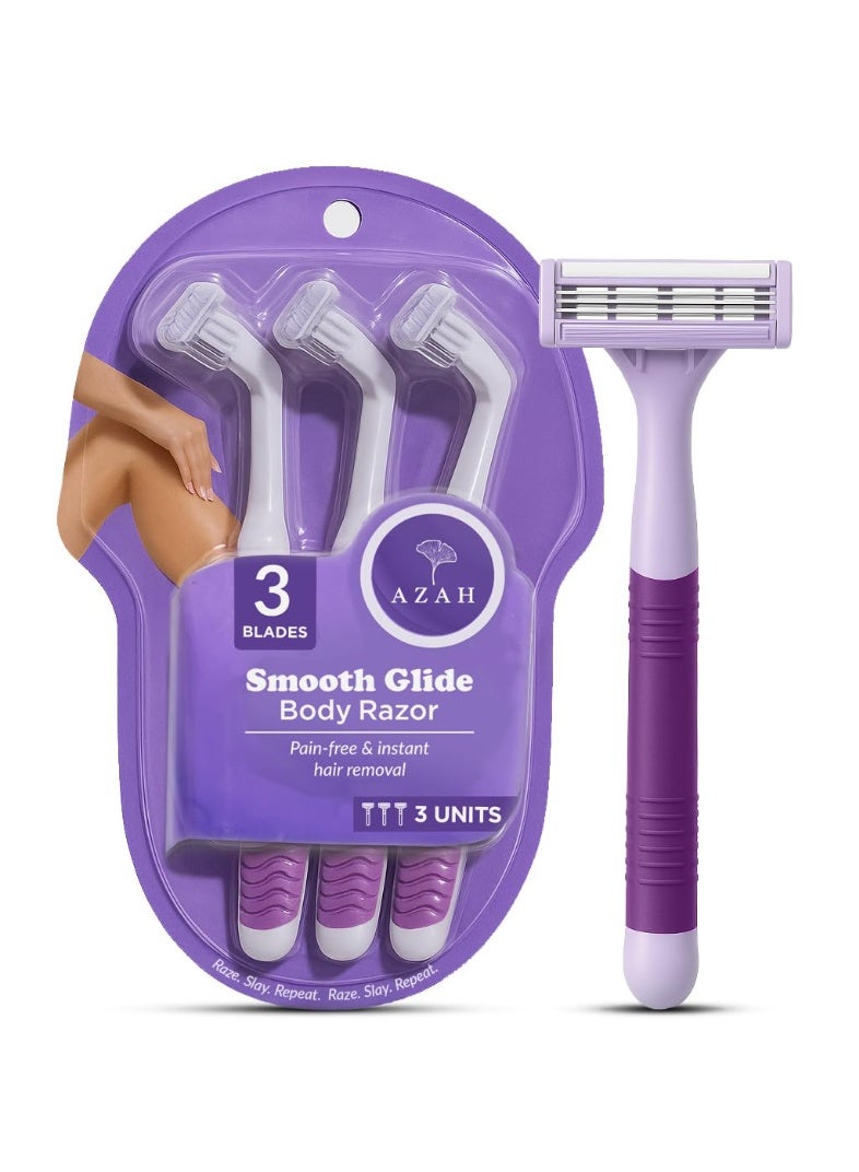 عزة شفرات حلاقة الجسم للاستخدام مرة واحدة من أزاه للنساء [عبوة من 3 شفرات] | جهاز إزالة الشعر للذراعين والإبطين والساقين ومنطقة البكيني | شفرة حلاقة سريعة وغير مؤلمة بمقبض مطاطي و3 شفرات دقيقة - Image 1