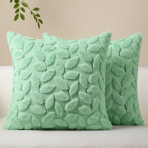 Softalker Spring Summer Throw Pillow Covers 18 x 18 Inch Set of 2 Green Leaves Soft Plush Faux Fur Cushion Covers 3D Embroidered Pillow Cases for Couch Bedroom Living Sofa Room Home Decor Sage - Image 1