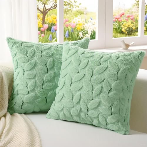 Softalker Spring Summer Throw Pillow Covers 18 x 18 Inch Set of 2 Green Leaves Soft Plush Faux Fur Cushion Covers 3D Embroidered Pillow Cases for Couch Bedroom Living Sofa Room Home Decor Sage - Image 3