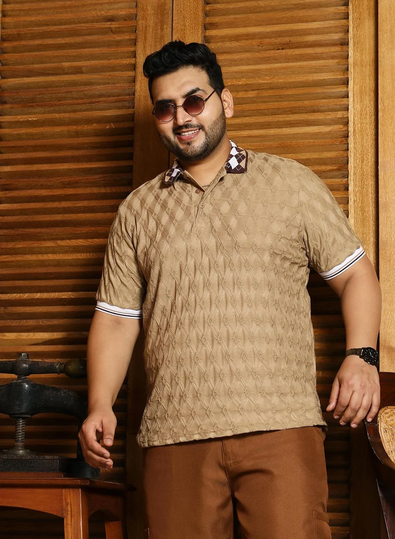 انستافاب بلس Instafab Plus Men's Beige Block Argyle-Knit Polo T-Shirt | Jacquard Polo Neck , Short Sleeves , Half-Button Closure , Straight Hemline | Colourblock Textured Polyester Blend For Office & Casual Wear