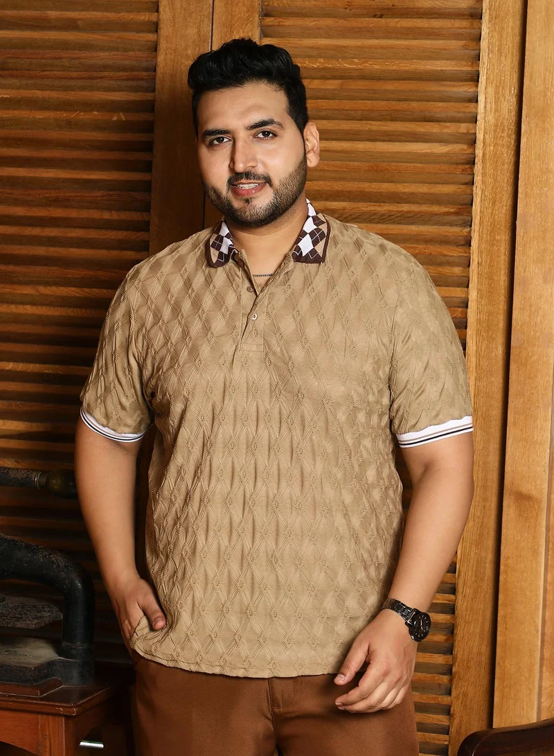 انستافاب بلس Instafab Plus Men's Beige Block Argyle-Knit Polo T-Shirt | Jacquard Polo Neck , Short Sleeves , Half-Button Closure , Straight Hemline | Colourblock Textured Polyester Blend For Office & Casual Wear