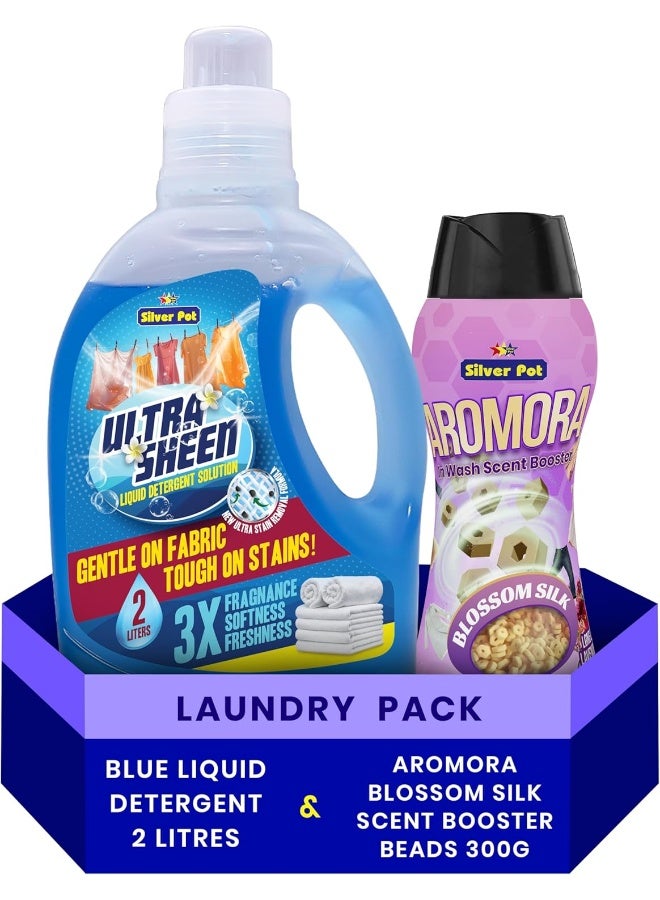 Silver Pot Combo Pack Blue Liquid Laundry Detergent 2L + AROMORA Blossom Silk In-Wash Scent Booster Beads 300g, Deep Clean with Long-Lasting Laundry Fragrance, Suitable for All Washing Machines - Image 1