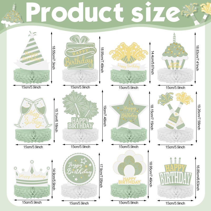 Sabary 12 Pcs Sage Green Birthday Centerpiece Sage Green Table Decoration Happy Birthday Desktop Decoration Honeycomb Centerpieces Honeycomb Table Toppers Party for Men Women Party Supplies - Image 2