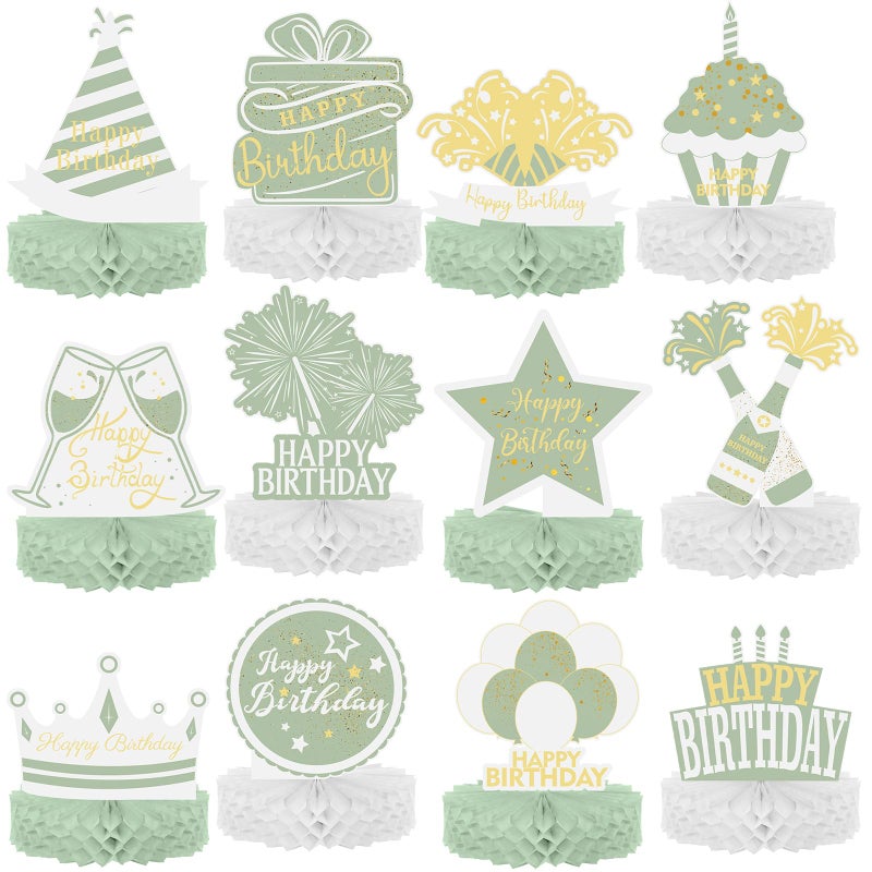 Sabary 12 Pcs Sage Green Birthday Centerpiece Sage Green Table Decoration Happy Birthday Desktop Decoration Honeycomb Centerpieces Honeycomb Table Toppers Party for Men Women Party Supplies - Image 1