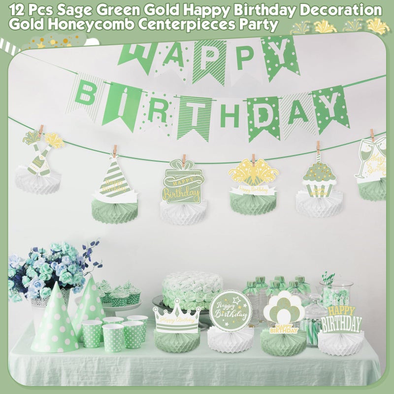 Sabary 12 Pcs Sage Green Birthday Centerpiece Sage Green Table Decoration Happy Birthday Desktop Decoration Honeycomb Centerpieces Honeycomb Table Toppers Party for Men Women Party Supplies - Image 4