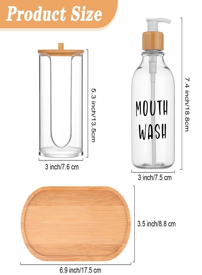 Beeveer 2 Sets Mouthwash Dispenser for Bathroom 17 Oz Refillable Mouth Wash Pump Bottle Paper Cup Holder with Bamboo Lid and Tray Clear Mouthwash Container for Bathroom Vanity Kitchen Sink - Image 2