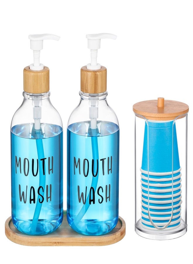 Beeveer 2 Sets Mouthwash Dispenser for Bathroom 17 Oz Refillable Mouth Wash Pump Bottle Paper Cup Holder with Bamboo Lid and Tray Clear Mouthwash Container for Bathroom Vanity Kitchen Sink - Image 1