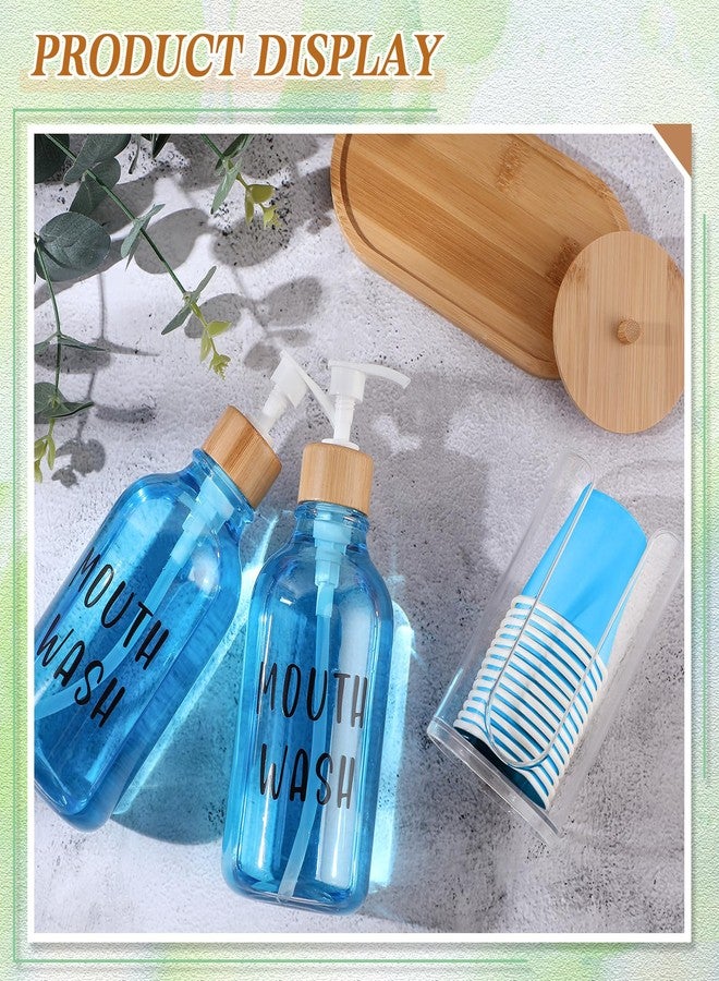 Beeveer 2 Sets Mouthwash Dispenser for Bathroom 17 Oz Refillable Mouth Wash Pump Bottle Paper Cup Holder with Bamboo Lid and Tray Clear Mouthwash Container for Bathroom Vanity Kitchen Sink - Image 4