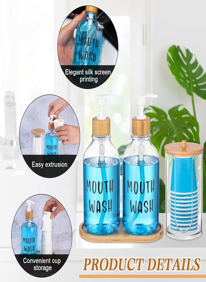 Beeveer 2 Sets Mouthwash Dispenser for Bathroom 17 Oz Refillable Mouth Wash Pump Bottle Paper Cup Holder with Bamboo Lid and Tray Clear Mouthwash Container for Bathroom Vanity Kitchen Sink - Image 3