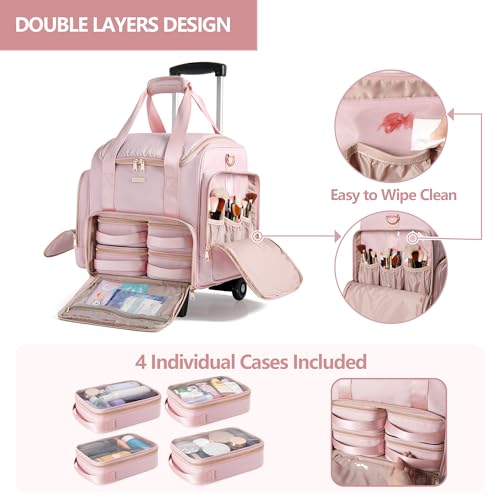 Prokva Rolling Makeup Case with 4 Removable Bags, Professional Makeup Train Case with Wheels, Makeup Artist Travel Bag with Brushes Storage Section, Pink (Patent Design) - Image 2