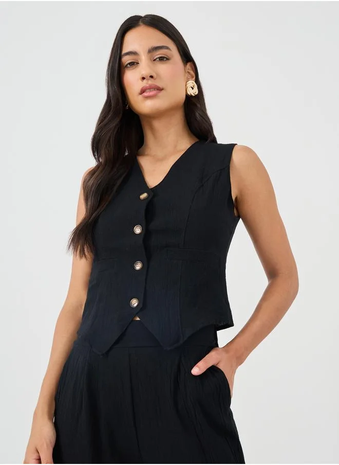 ستايلي Styli Solid Sleeveless Waistcoat and Wide Leg Pants Co-Ords