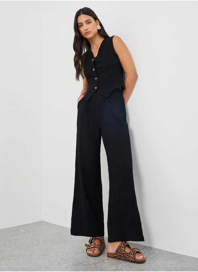 ستايلي Styli Solid Sleeveless Waistcoat and Wide Leg Pants Co-Ords