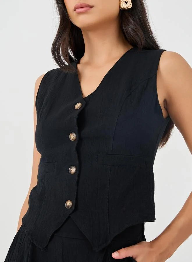 Styli Styli Solid Sleeveless Waistcoat and Wide Leg Pants Co-Ords