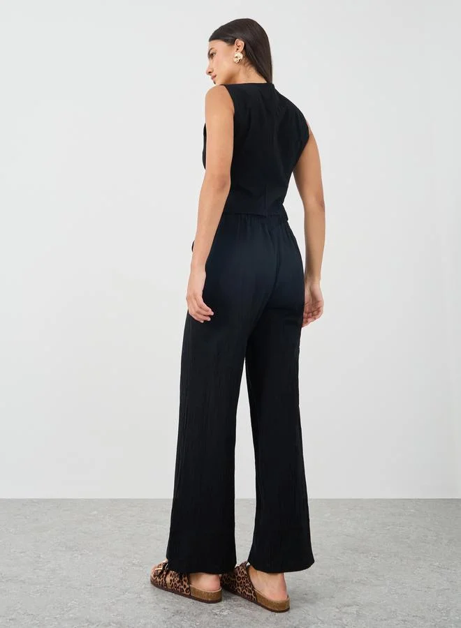Styli Styli Solid Sleeveless Waistcoat and Wide Leg Pants Co-Ords