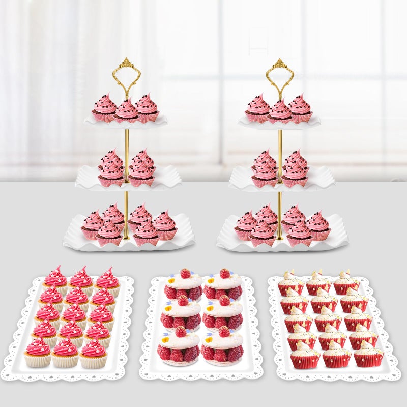 PinCute 5 Pcs Dessert Table Display Set - 2 X Cupcake Stand Holder/Cup Cake Tier Tower & 3 X Serving Tray Combo for Tea Party, Birthday, Baby Shower (Wave Square) - Image 1