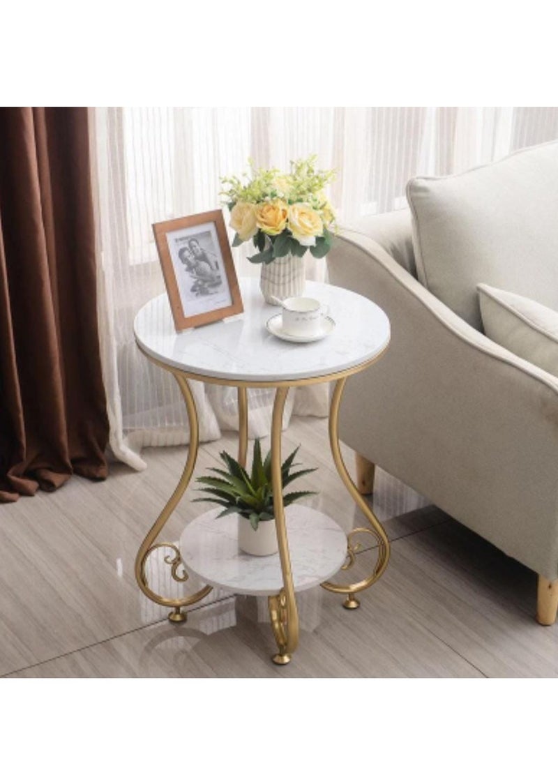 Generic Elegant Round Side Table – Marble Top with Gold Metal Frame & Shelf | Luxury End Table for Living Room, Bedroom or Office 