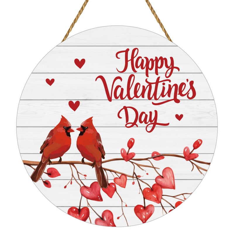 زينة باب عيد الحب، لافتة عيد حب سعيد، طائر الكاردينال، غصن قلب أحمر، ديكور حائط عيد الحب، طيور حمراء، علاقة باب خشبية لعيد الحب، ديكور منزلي داخلي - Image 1