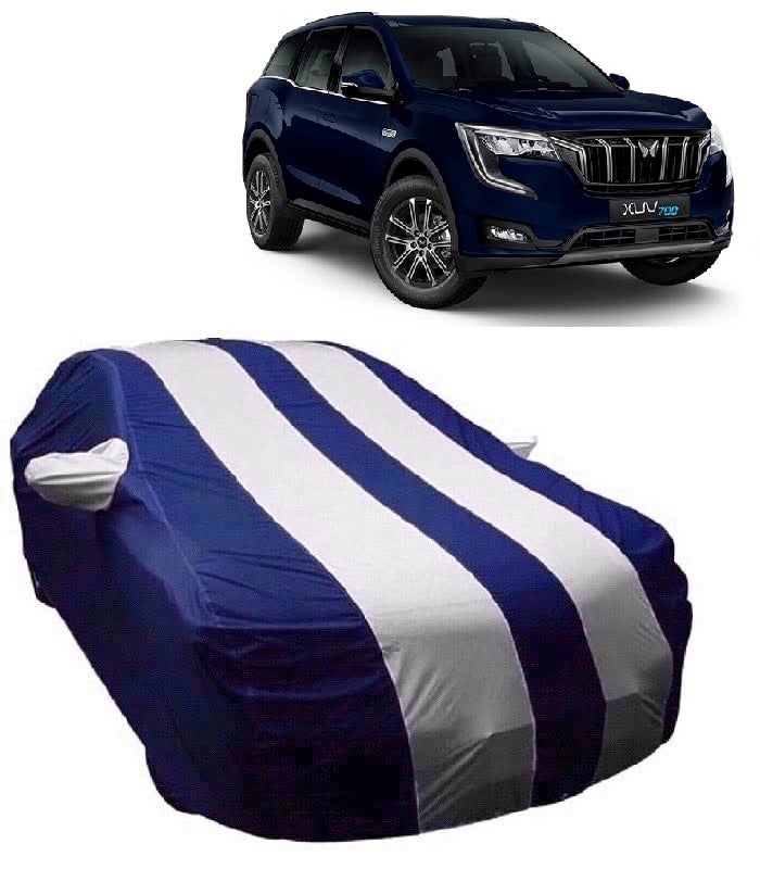 Carigiri White and Navy Blue Car Body Cover for Mahinda XUV 700(Triple Stitched,Mirror Pockets,UV Resistant,Dustproof)(Models-2021,2022) - Image 1