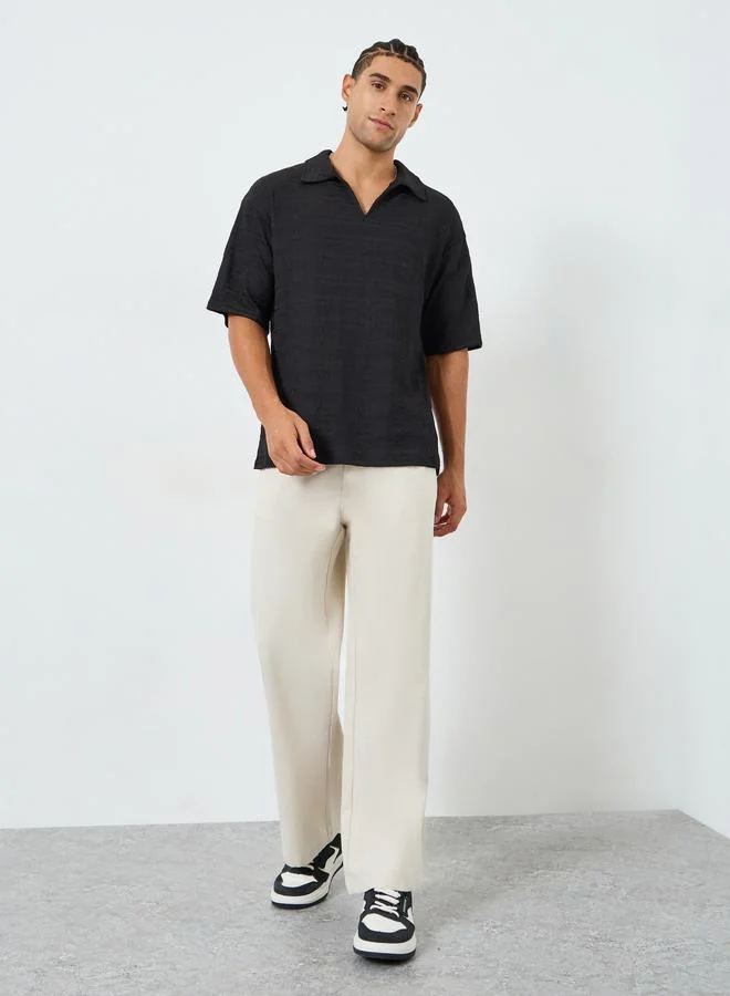 Styli Men Textured Woven Relaxed Polo with Open Collar