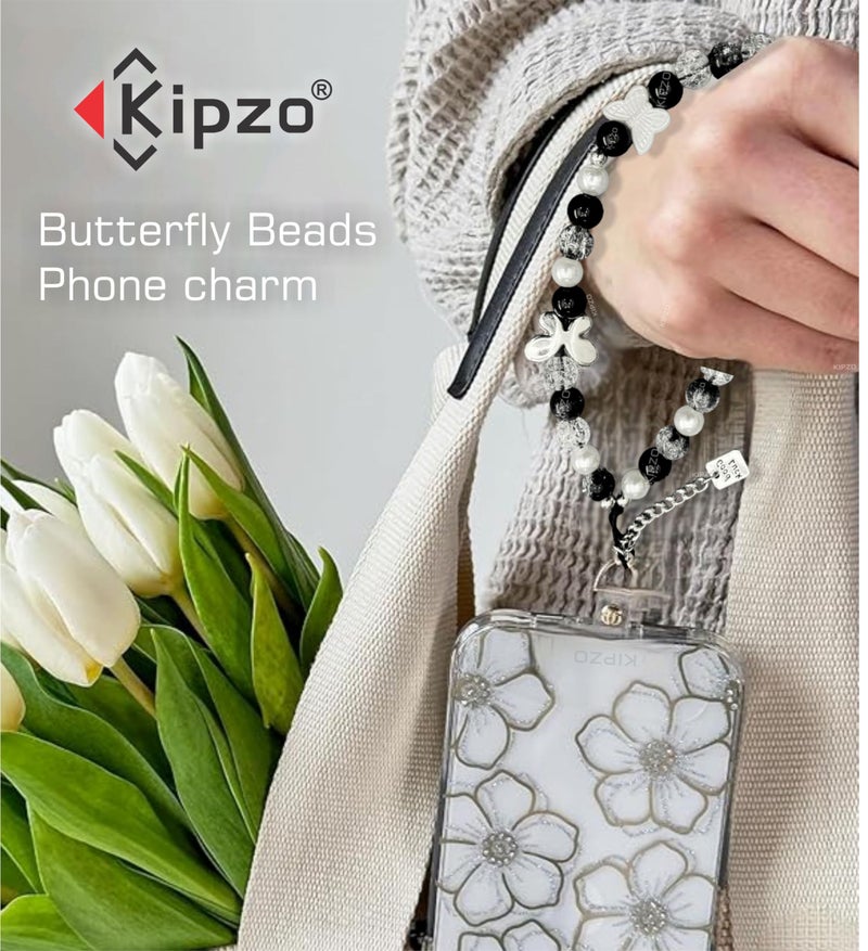 KIPZO® Butterfly beads phone charms aesthetic for mobile cover string hanging jewellery crystal good luck lanyard cute bracelet for women girls kids Handmade Acrylic pearl beaded cord wrist strap - Image 4