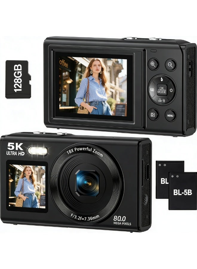 Digital Camera, 5K Point and Shoot Digital Cameras with 128GB SD Card, 80MP Digital Camera for Photography and Video, Vlogging Camera with 3'' Flip Screen, 18X Digital Zoom Cameras Digital for Kids Boys Girls - Image 1