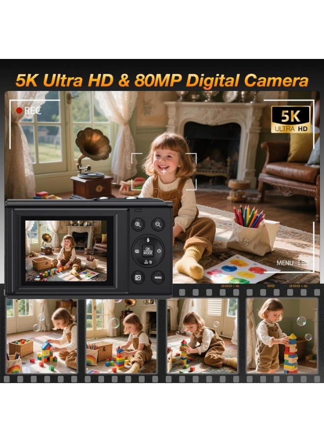 Digital Camera, 5K Point and Shoot Digital Cameras with 128GB SD Card, 80MP Digital Camera for Photography and Video, Vlogging Camera with 3'' Flip Screen, 18X Digital Zoom Cameras Digital for Kids Boys Girls - Image 3